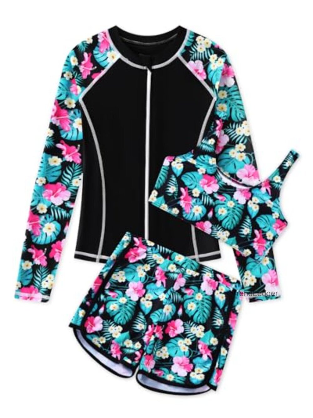 Girls 3 Piece Rash Guard Swim Set Long Sleeve Zipper UPF 50+